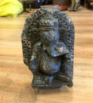 Ancient Old Black Marble Stone Hand Carved Hindu Ritual Lord Ganesha Sculpture