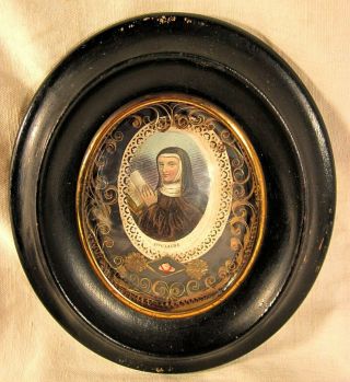 Antique French Dome Glass Frame Reliquary With A Relic Of St.  Clare Of Assisi