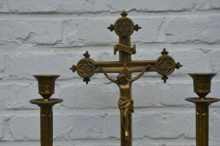 Antique French 1920 ' s Bronze Altar Set Cross Crucifix Candlesticks Gothic Style 3