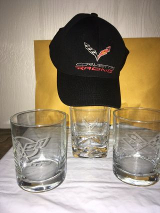 Corvette Chevy Clear Etched Glass Square And Round Drinking Cup And Hat