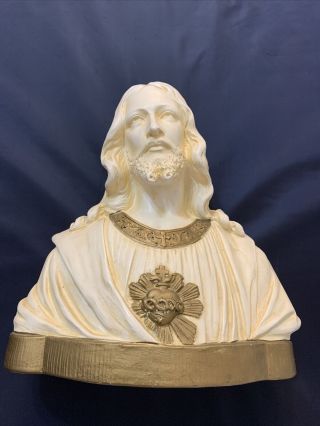 Artist Signed Vintage Jesus Sacred Heart Bust Statue.  9.  5” X 9.  25” X 4.  25”