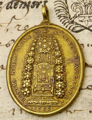 Antique 1699 Reliquary Holy Host & Cross Shrines Pilgrimage Bronze " Relic " Medal