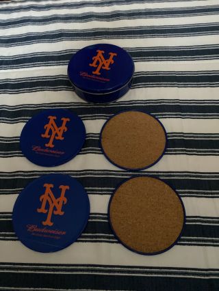 York Mets Tin Coasters Set Of 4 Budweiser Beer Bar Mlb Vintage Man Cave