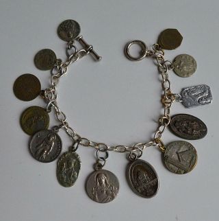 Charm Bracelet With 13 Antique Religious Medal Brass Silver Silver Tone Metal