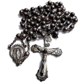 Vintage Or Antique All Solid Sterling Silver Smooth Beads Rosary Necklace Beaded