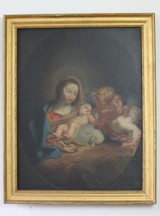 Antique 19th C.  Italian Renaissance Style Oil On Canvas Madonna And Child C.  1860