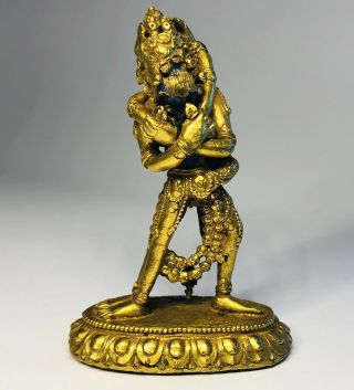 Antique 19th Century Tibetan Buddhist Deity Couple Gilt Bronze Figure 3.  25 "