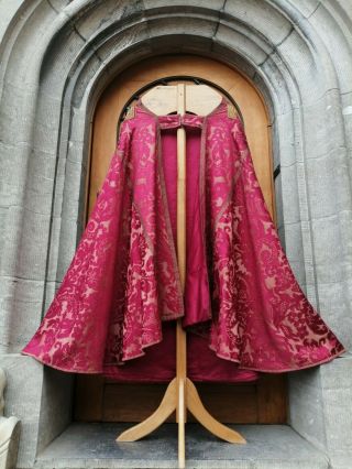 Antique France Catholic Church Priest Brocade Gothic Cope Vestment Metal Fringe