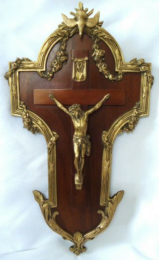 Gorgeous Antique French Bronze Wood Inlaid Crucifix Religious 18 3/4 Inch High