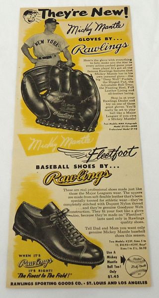 1954 Rawlings Baseball Glove Ad Mickey Mantle They 