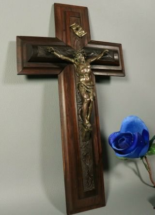 Antique Hand Carved Rosewood Crucifix French Wooden Jesus Christ Wall Cross