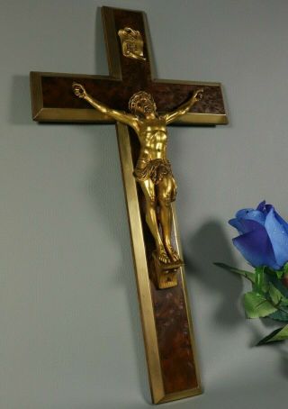 Xl Antique Brass Gilt Bronze Crucifix French Burl Wood Jesus Christ Wall Cross
