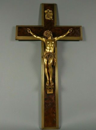 XL Antique Brass Gilt Bronze Crucifix French Burl Wood Jesus Christ Wall Cross 2