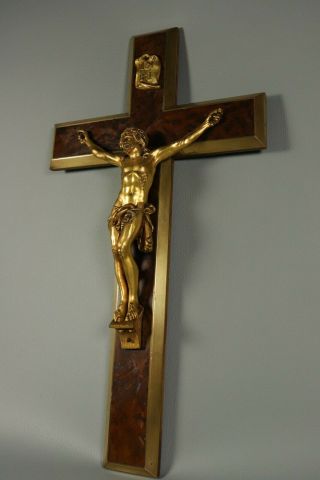 XL Antique Brass Gilt Bronze Crucifix French Burl Wood Jesus Christ Wall Cross 3