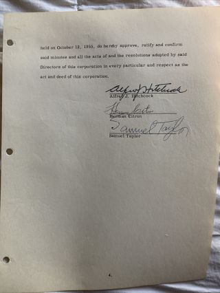 Alfred Hitchcock Autographed Signature Page Document 1955 W/herman Citron,  Etc