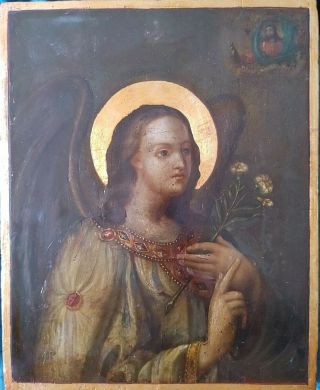 Antique 19c Hand Painted Russian Icon Of The Archangel Gabriel