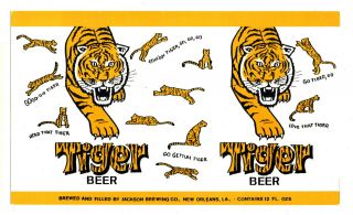 1960s Jackson Brewing Co,  Orleans Lsu Tiger Beer Can Paper 4.  5 " X 7.  5 " Label
