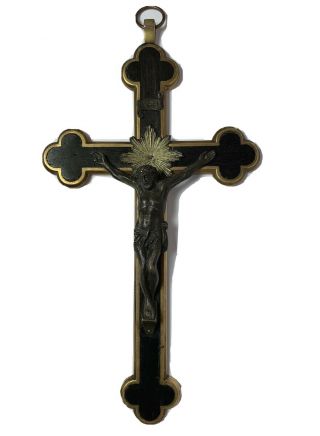 Antique Crucifix Cross 19th Century 11” Brass Bronze Wood European