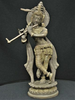 Vintage Solid Bronze Brass Hindu Lord Krishna Statue With Flute 11 " _ 3.  5 Lb
