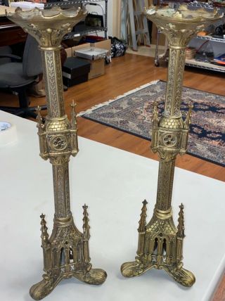 Pair Antique Gothic Brass Candlesticks Holders Church Altar 20.  5 " Fancy Quality