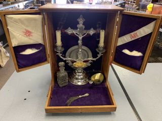 Antique Catholic Sick - Call Wood Box With Crucifix Holy Water Jar Plates Brush