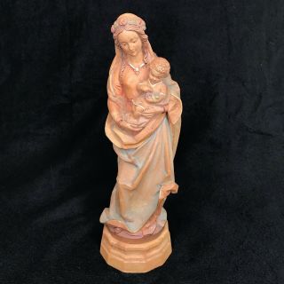 Vintage Anri Wood Carved Madonna Virgin Mary And Child Sculpture 11”