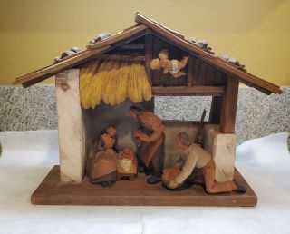 Vintage South Tyrolian Art Hand Carved Wood Anri Nativity Scene Italy