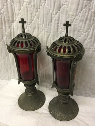 Antique Pair Catholic Church Bronze Saint Mary ' s Ruby Glass Alter Candle Holders 2