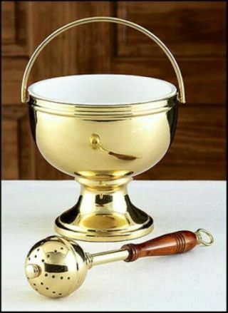 Gold Holy Water Pot With Sprinkler Set,  Aspergillum