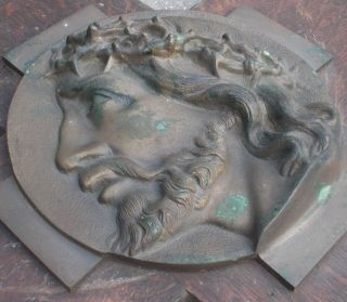 Large Antique Crucifix Face of Jesus Christ Crown of Thorns Bronze Wood 19.  68 