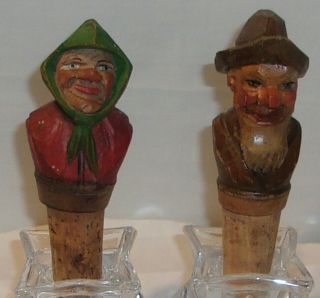 2 Vintage Wood Carved Bottle Cork Stoppers Old Man & Woman Pair