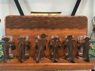 Vintage Monkey Mexican Bar Set Iron & Glass W/ 6 Shot Glasses Wood Shelf