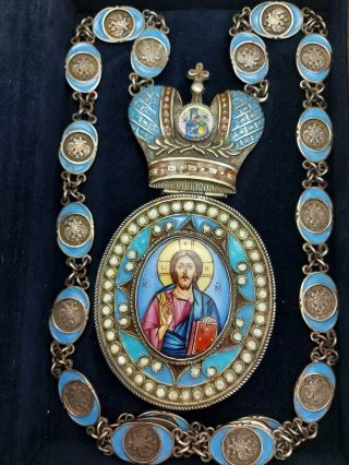 Russian Faberge Silver Enamel Orthodox Church Panagia Icon Necklace Reliquary 2
