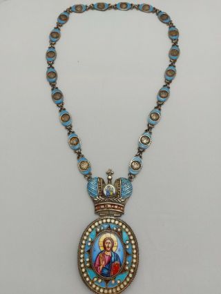 Russian Faberge Silver Enamel Orthodox Church Panagia Icon Necklace Reliquary 3