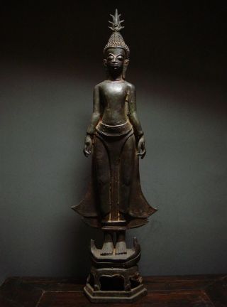 Antique Bronze Sacred Standing Lao Buddha - Laotian Art.  19/20th C.