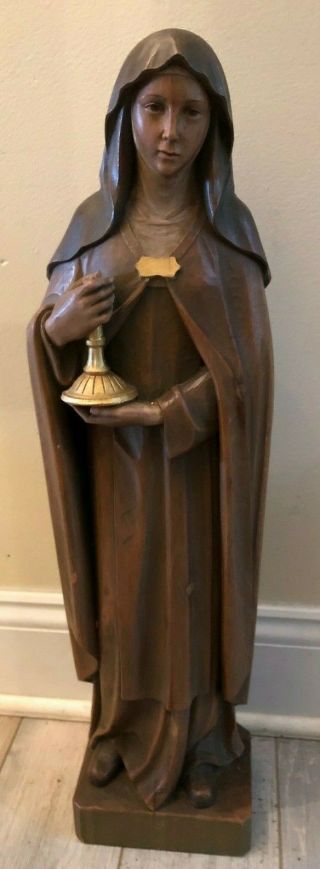 Very Rare Large Antique Hand Carved Wood St.  Clare Of Assisi Nuns Convent Statue