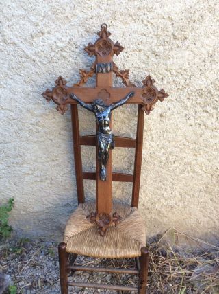 Antique French Crucifix Jesus Christ Corpus Christi Wood Cross Cast Metal 36”