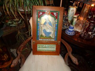 Antique Oak Catholic Sick Call Last Rites Shadow Box: Lapiete Chalkware -