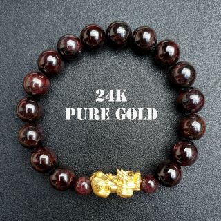 999 Pure 24k Gold 3d Lucky Pixiu 10mm Natural Red Garnet Bracelet