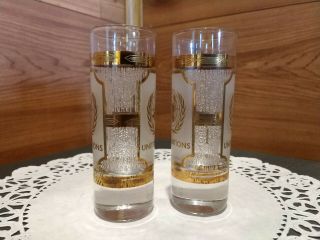 2 UNITED NATIONS TALL CULVER© SHOT GLASSES MADE IN THE USA W/22 K GOLD 2
