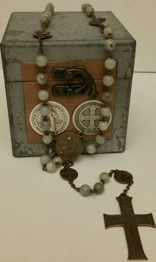 ST.  BENEDICT ANTIQUE BRONZE ROSARY.  BUILT VERY STRONG.  THE OUR FATHER BEADS ARE 3
