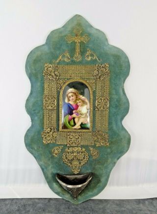 Antique French Large Holy Water Font Porcelain Medallion Madonna Velvet 19th