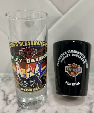 Harley Davidson Shot Glasses Set Of Two Rare Fletchers Clearwater Florida