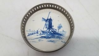 Delftware Hand - Painted Windmill Wine Bottle Coaster Dish