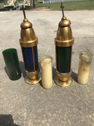 2 Vintage Cemetery Brass Look Lanterns Arthur Allen Candle Holder Green Blue