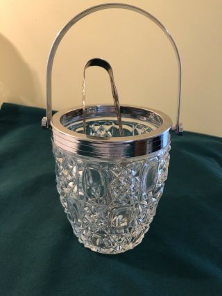 Crystal Cut Miniature Glass Ice Bucket Silver Trim And Tong 5 1/2” Tall 4 3/8” W