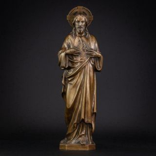 Sacred Heart Of Jesus Sculpture Bronze | Antique Christ Artwork Statue | 18.  3” _