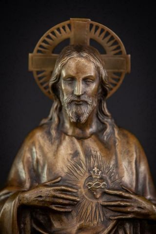 Sacred Heart of Jesus Sculpture Bronze | Antique Christ Artwork Statue | 18.  3” _ 2