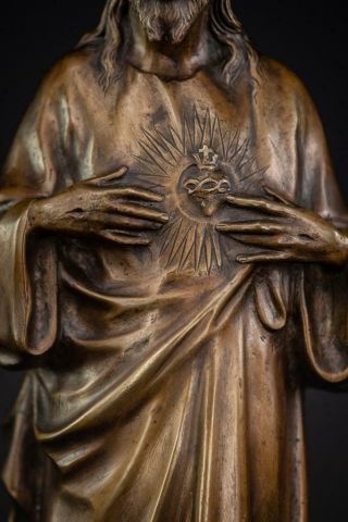 Sacred Heart of Jesus Sculpture Bronze | Antique Christ Artwork Statue | 18.  3” _ 3