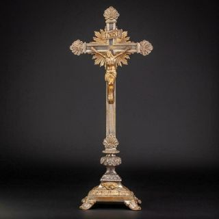 Altar Crucifix Bronze | Antique Church Standing Cross Jesus Christ Lamb God 18 "